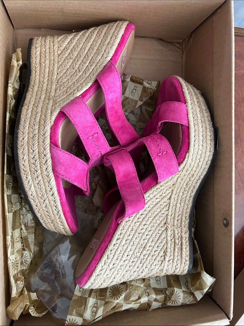UGG Pink Suede Espadrille Wedge Sandals